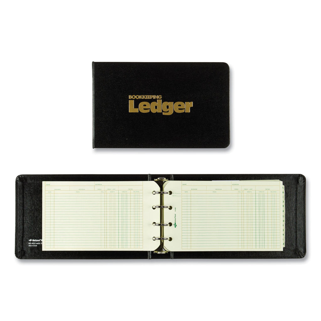 National Four-Ring Ledger Binder Kit with A-Z Index, Black Cover, 8.5 x 5 Debit-Credit-Balance Sheets, 100 Sheets/Book