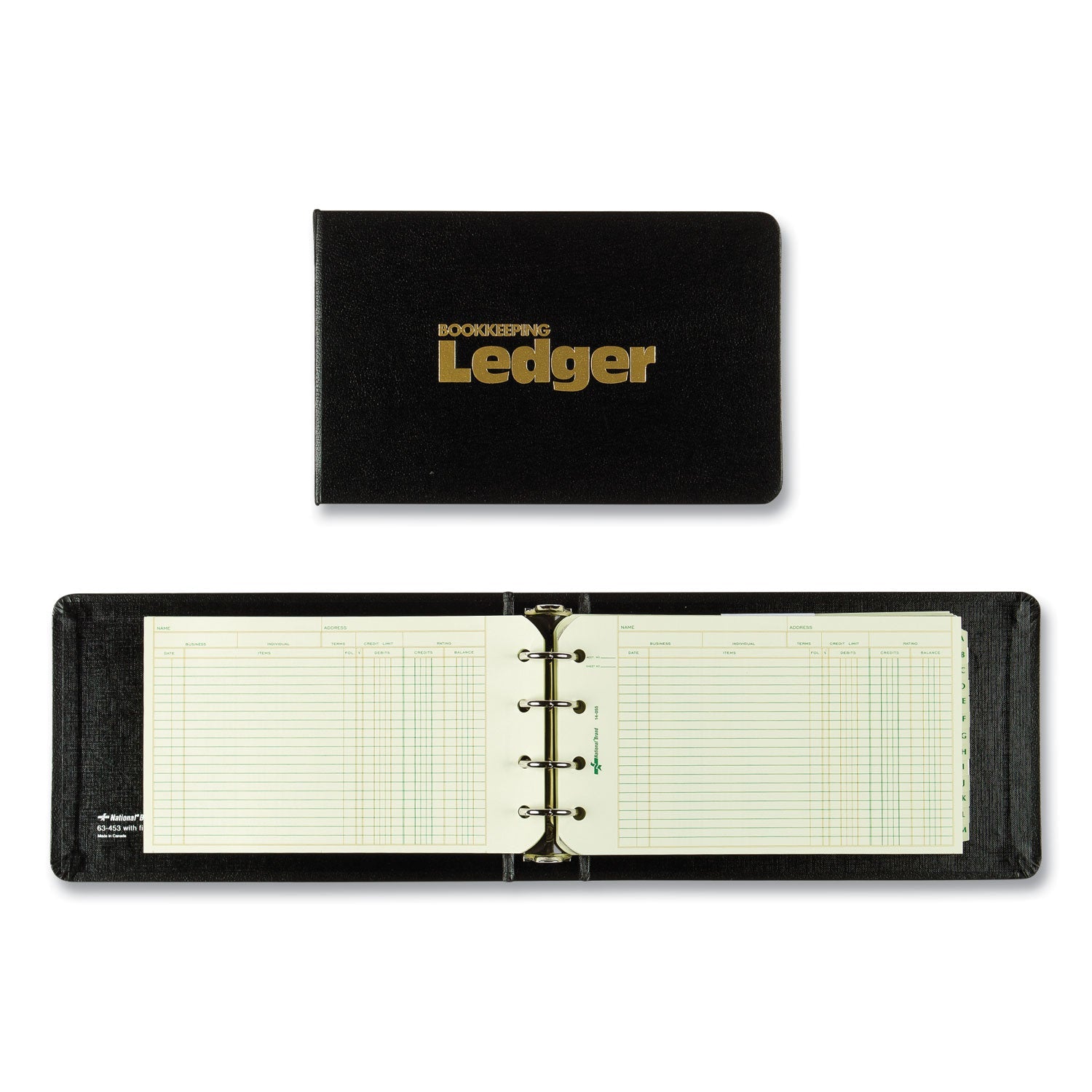 National Four-Ring Ledger Binder Kit with A-Z Index, Black Cover, 8.5 x 5 Debit-Credit-Balance Sheets, 100 Sheets/Book