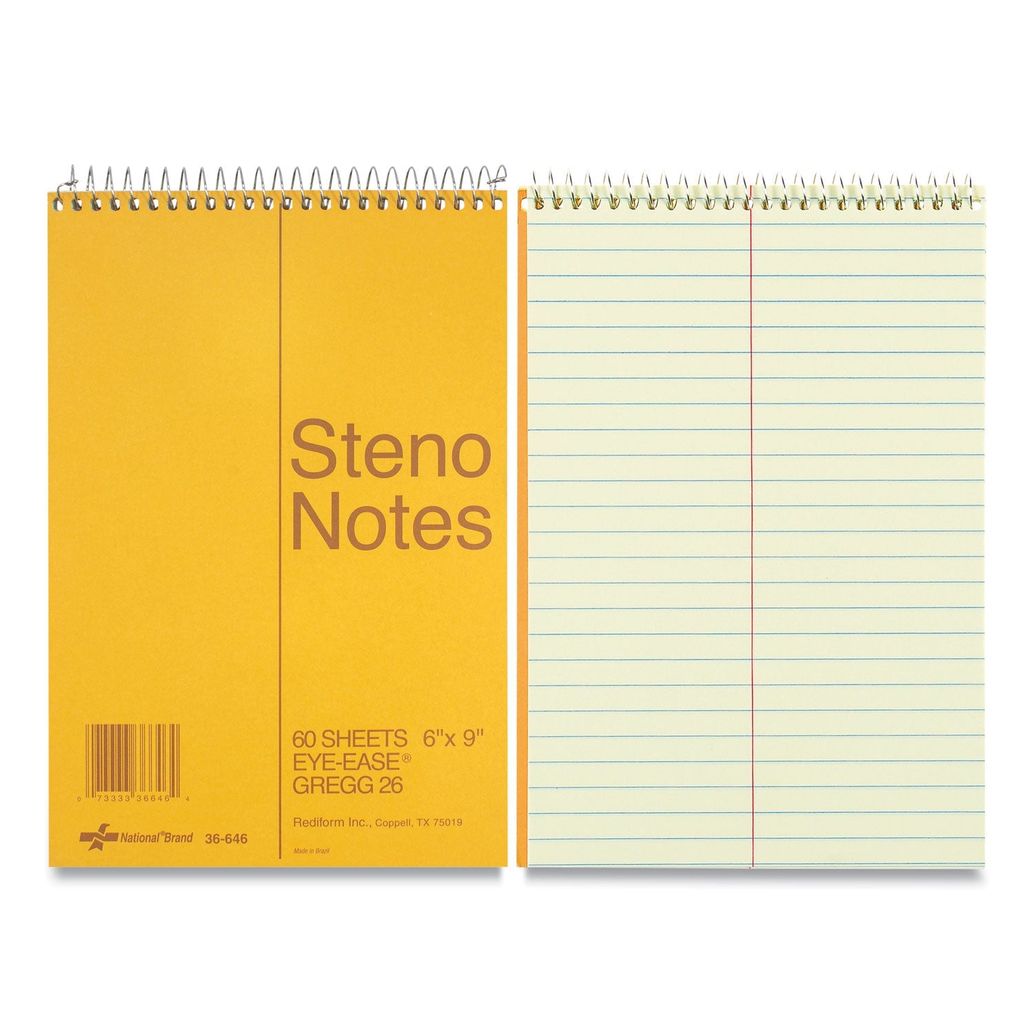 National Standard Spiral Steno Pad, Gregg Rule, Brown Cover, 60 Eye-Ease Green 6 x 9 Sheets
