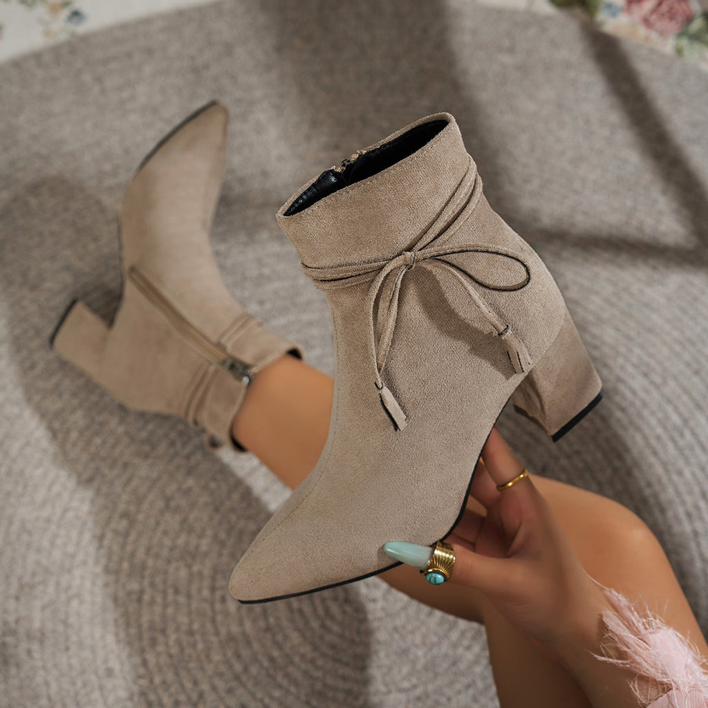 Womens Martin Boots 2026 New Arrival Korean Style Bow Side Zipper Block Heel Fashion Boots Womens Pointed Toe Ankle Boots