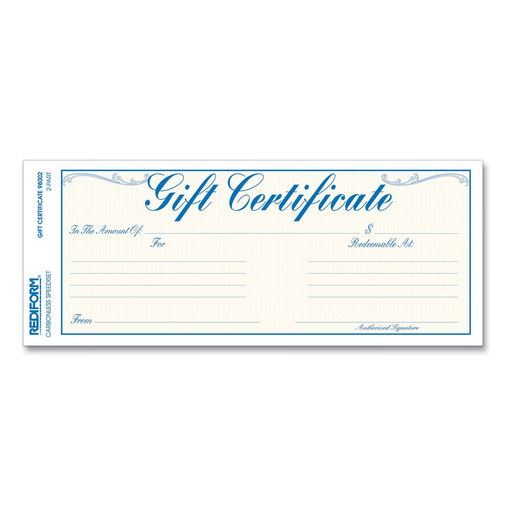 Rediform Gift Certificates with Envelopes, 8.5 x 3.67, Blue/Gold with Blue Border, 25/Pack