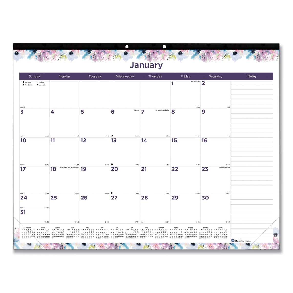 Blueline Passion Monthly Deskpad Calendar, Floral Artwork, 22 x 17, White/Multicolor Sheets, Black Binding, 12-Month (Jan-Dec): 2023
