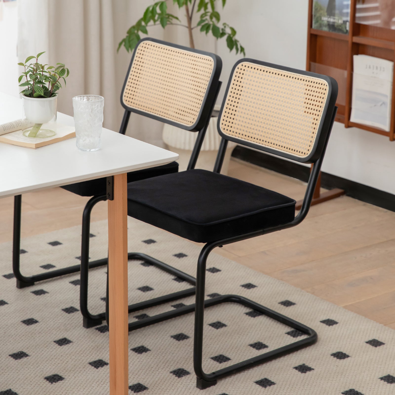 Dining Chairs Set of 2 velvet wicker side decorative chairs, black painted legs, modern medieval Bruell designed chairs,