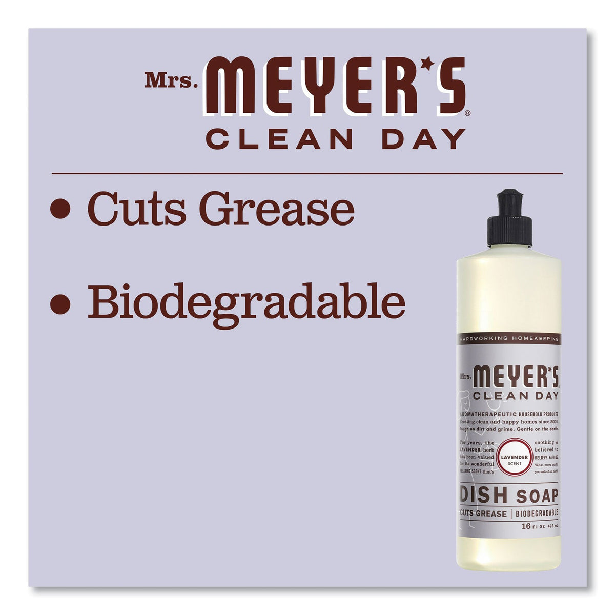 Mrs. Meyer's Dish Soap, Lavender Scent, 16 oz Bottle, 6/Carton