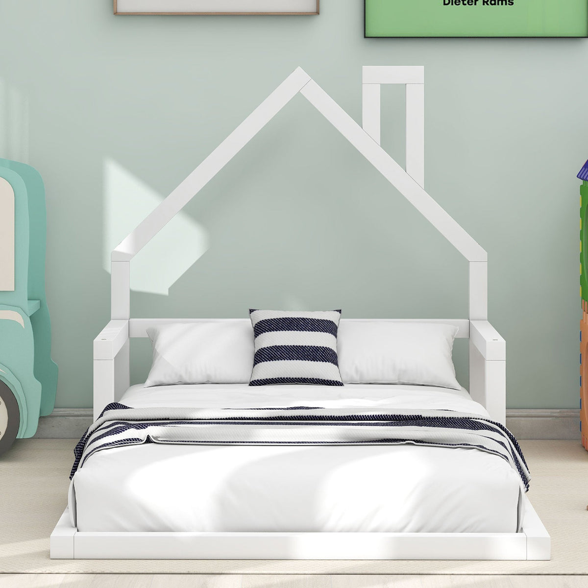 Twin Size Wood Floor Bed with House-shaped Headboard  White