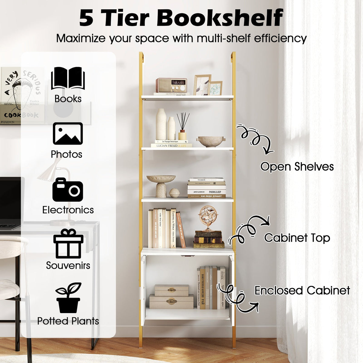 72.5 Inch Tall Bookshelf with Cabinet Anti-Tipping Kits and Metal Frame
