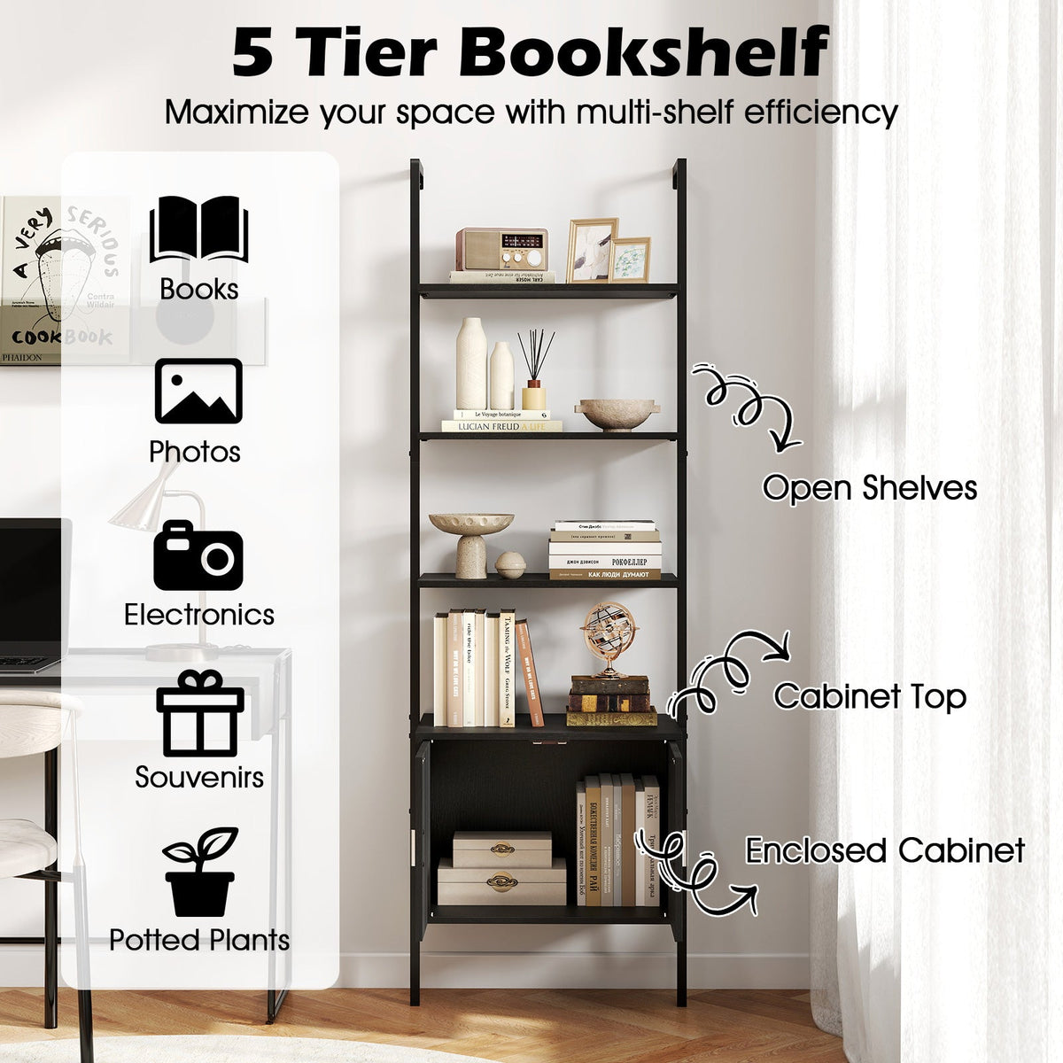 72.5 Inch Tall Bookshelf with Cabinet Anti-Tipping Kits and Metal Frame