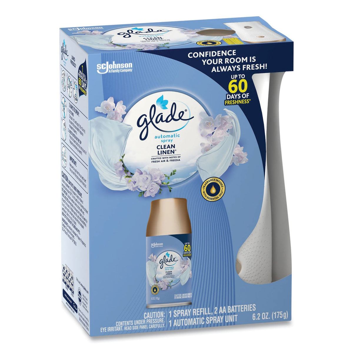 Glade Automatic Spray Starter Kit, Spray Unit and Refill, White/Gold, Clean Linen, 4/Carton