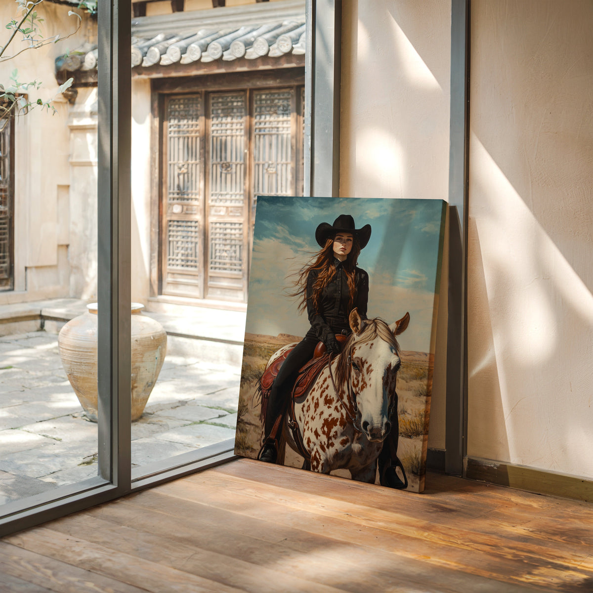 Desert Reins – Cowgirl on Paint Horse Portrait