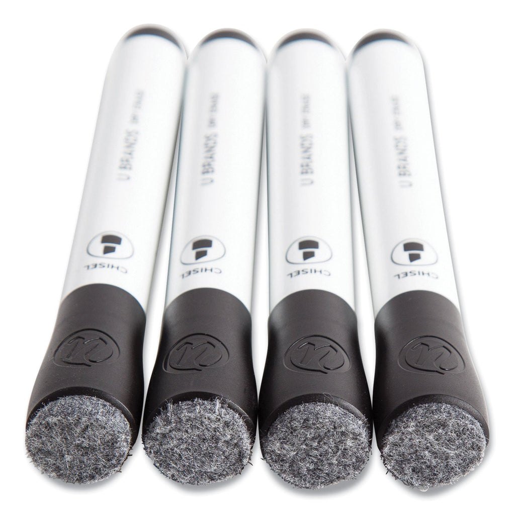 U Brands Chisel Tip Low-Odor Dry-Erase Markers with Erasers, Broad Chisel Tip, Black, Dozen