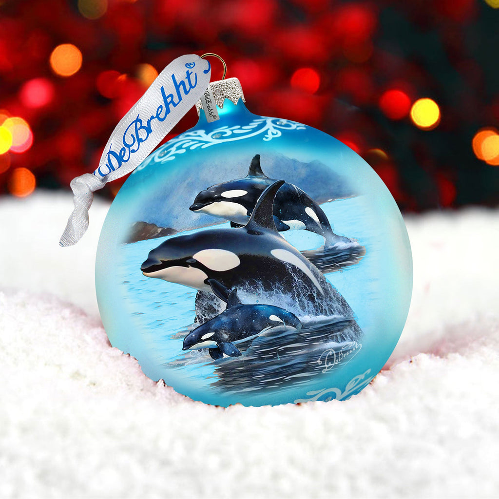 Orca Family Glass Ornament – Handcrafted Mercury Glass Ornament - Coastal Wildlife Holiday Decor by G. DeBrekht – 73391