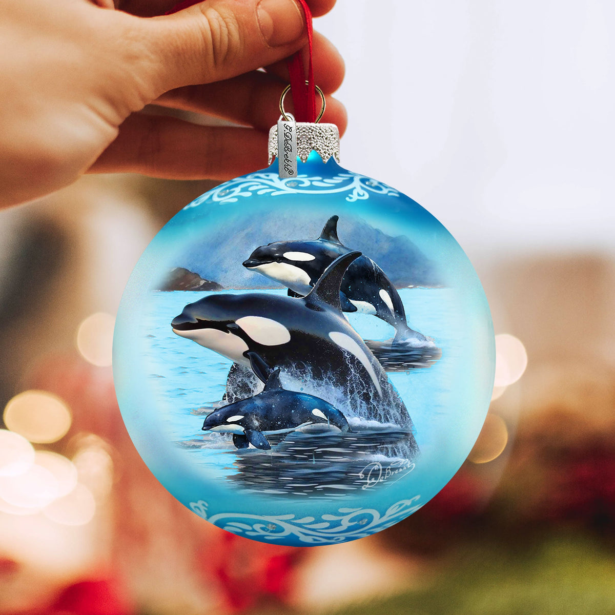 Orca Family Glass Ornament – Handcrafted Mercury Glass Ornament - Coastal Wildlife Holiday Decor by G. DeBrekht – 73391