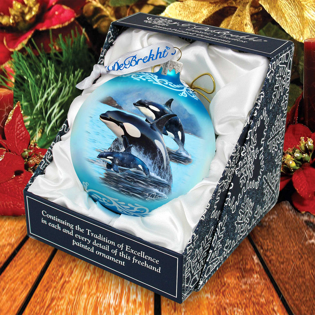 Orca Family Glass Ornament – Handcrafted Mercury Glass Ornament - Coastal Wildlife Holiday Decor by G. DeBrekht – 73391