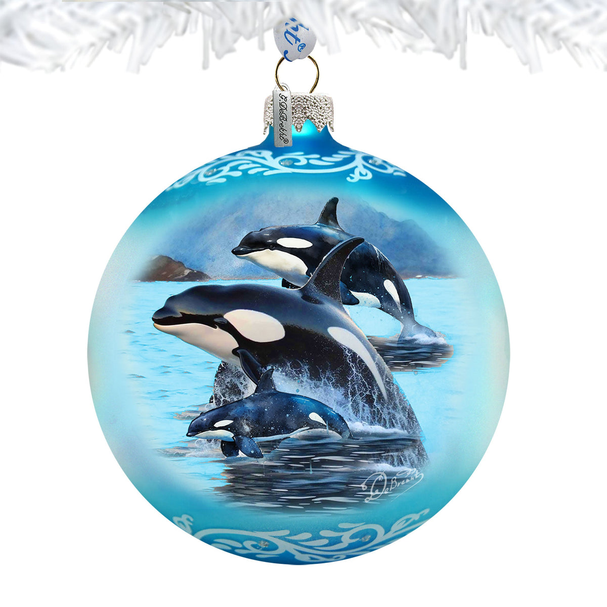 Orca Family Glass Ornament – Handcrafted Mercury Glass Ornament - Coastal Wildlife Holiday Decor by G. DeBrekht – 73391