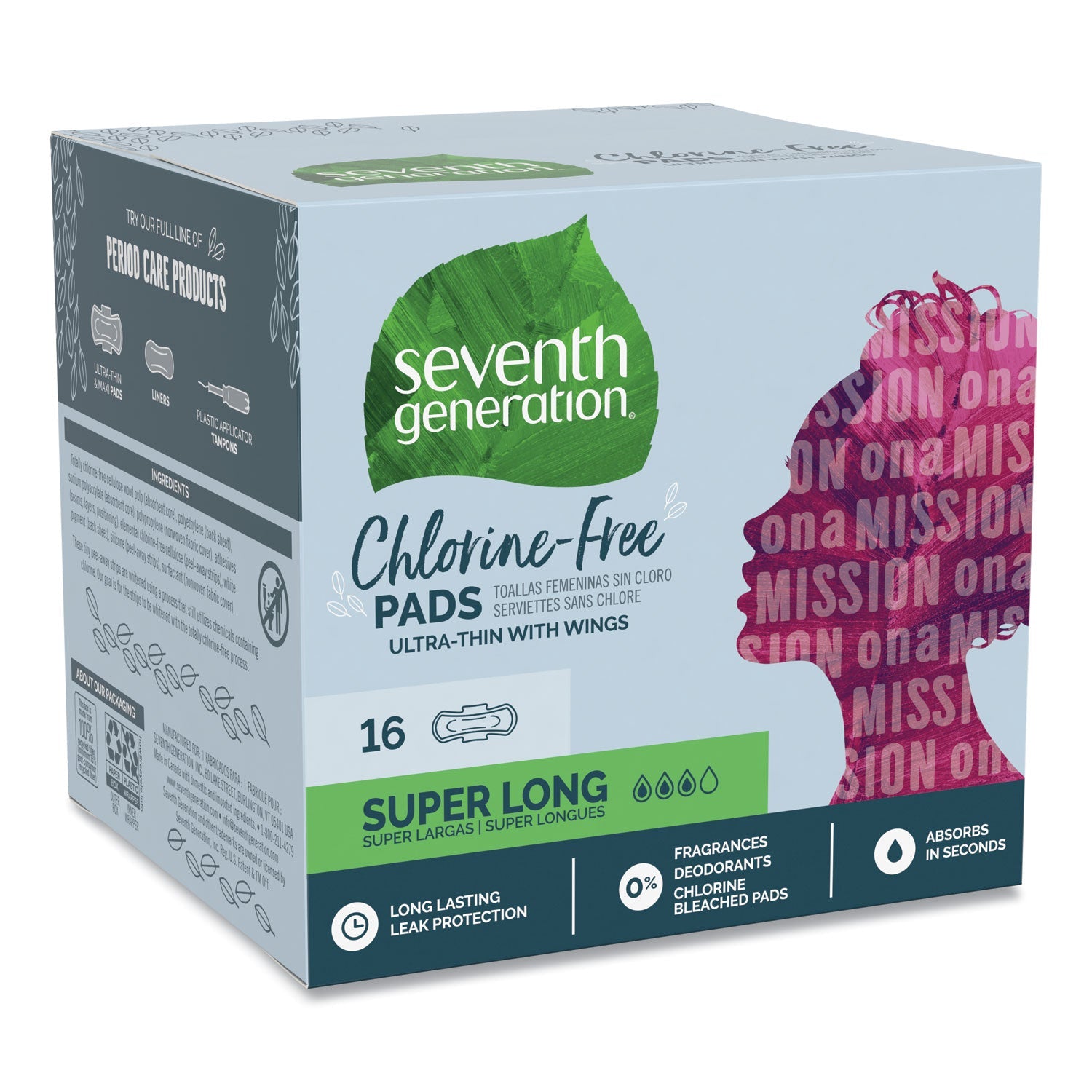 Seventh Generation Chlorine-Free Ultra Thin Pads with Wings, Super Long, 16/Pack, 6 Packs/Carton