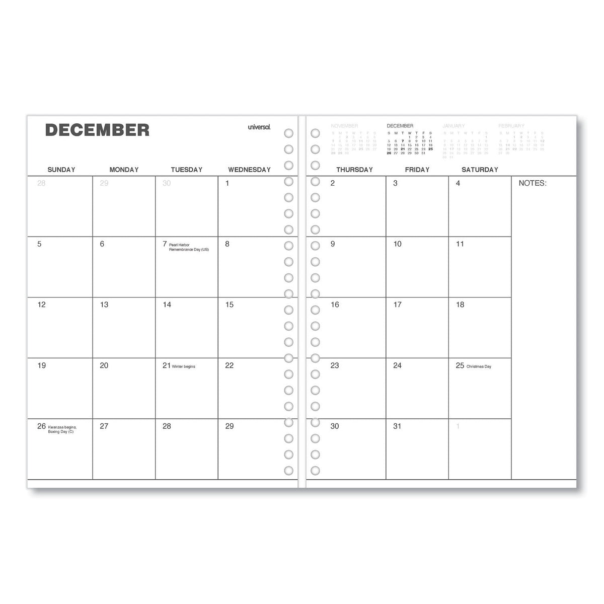 Universal Monthly Planner, 11 x 8, Black Cover, 14-Month, Dec 2022 through Jan 2024