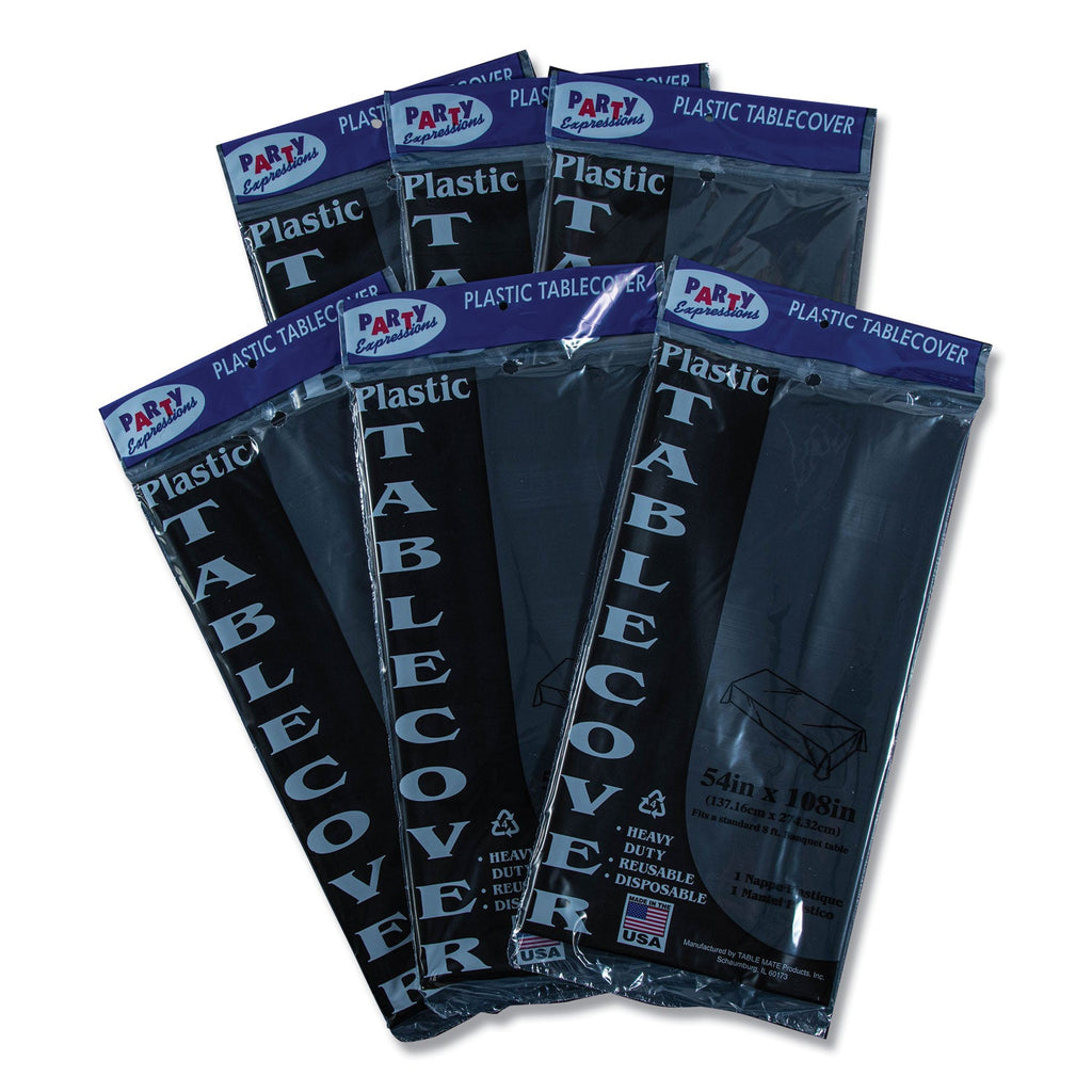 Tablemate Table Set Rectangular Table Covers, Heavyweight Plastic, 54" x 108", Black, 6/Pack