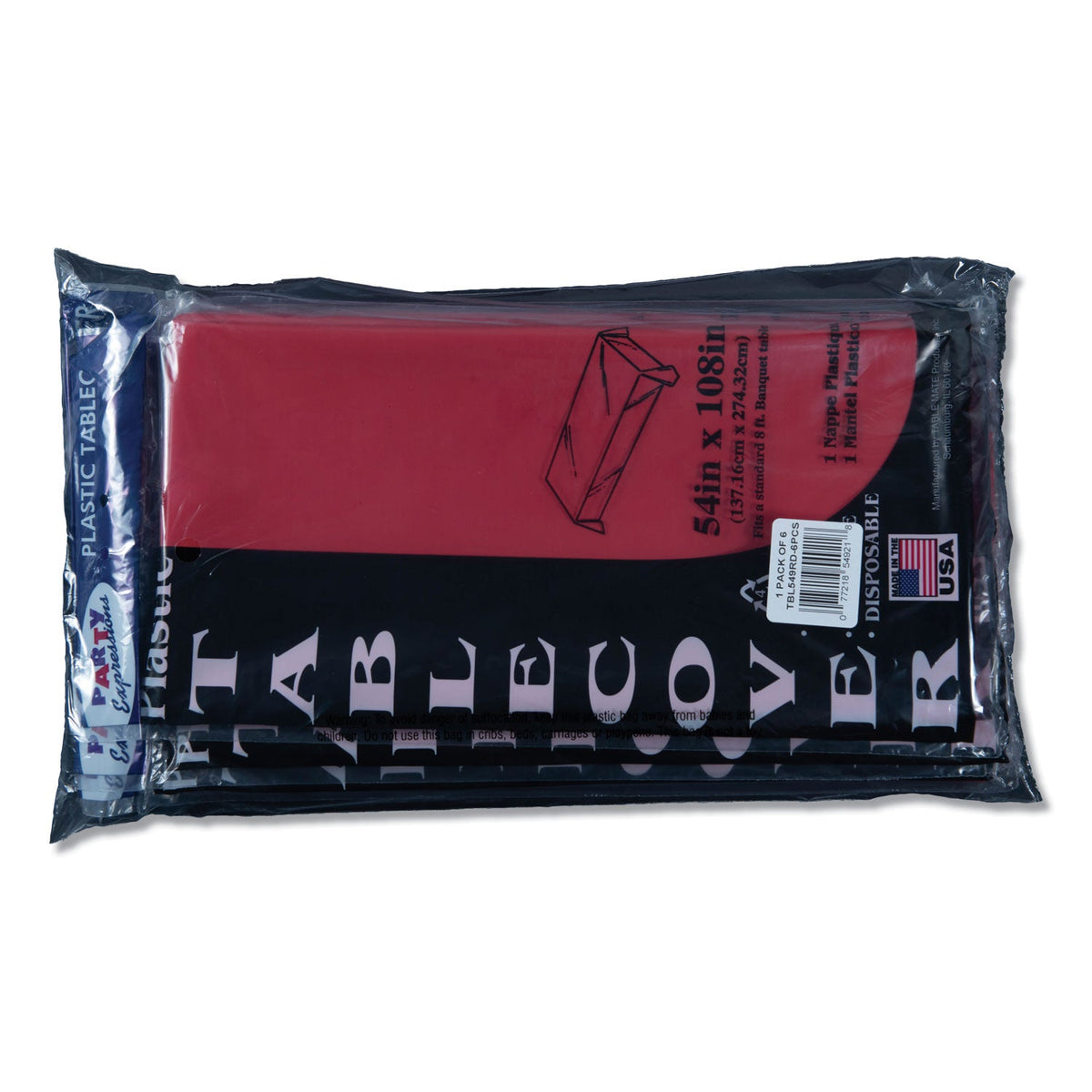 Tablemate Table Set Rectangular Table Cover, Heavyweight Plastic, 54" x 108", Red, 6/Pack