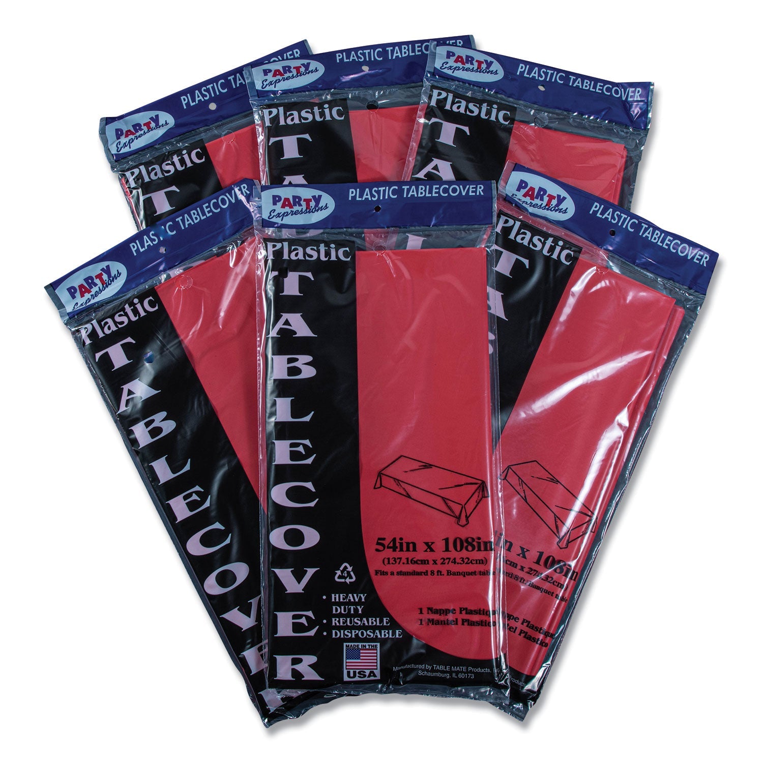 Tablemate Table Set Rectangular Table Cover, Heavyweight Plastic, 54" x 108", Red, 6/Pack
