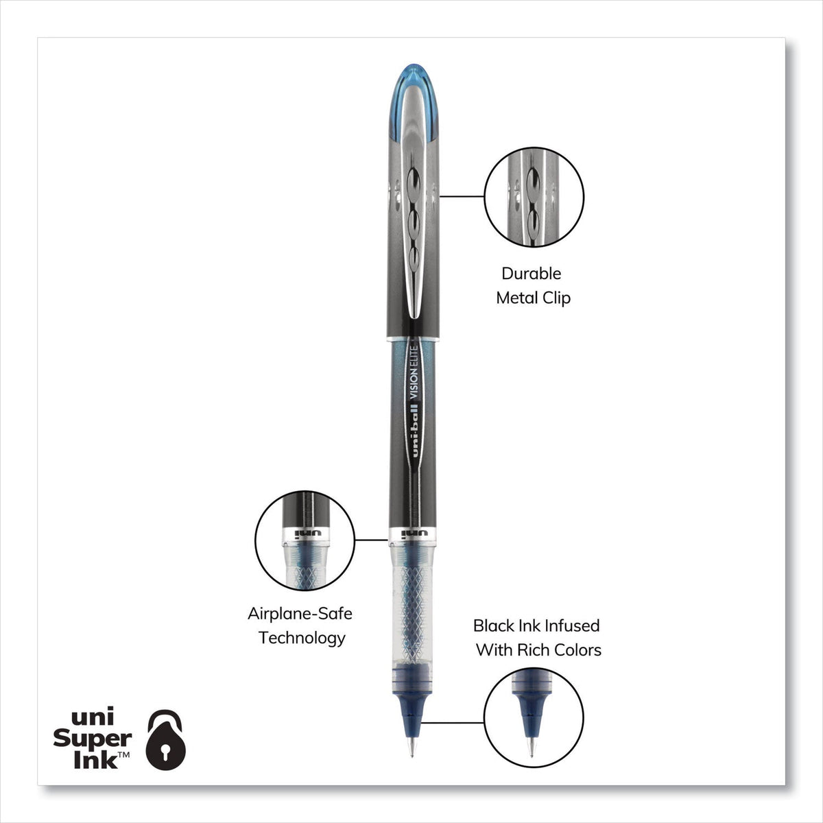 uniball VISION ELITE BLX Series Roller Ball Pen, Stick, Micro 0.5 mm, Assorted Ink and Barrel Colors, 5/Pack