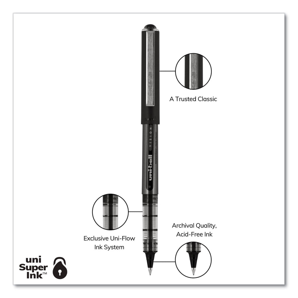 uniball VISION Roller Ball Pen, Stick, Bold 1 mm, Blue Ink, Black/Blue Barrel, Dozen
