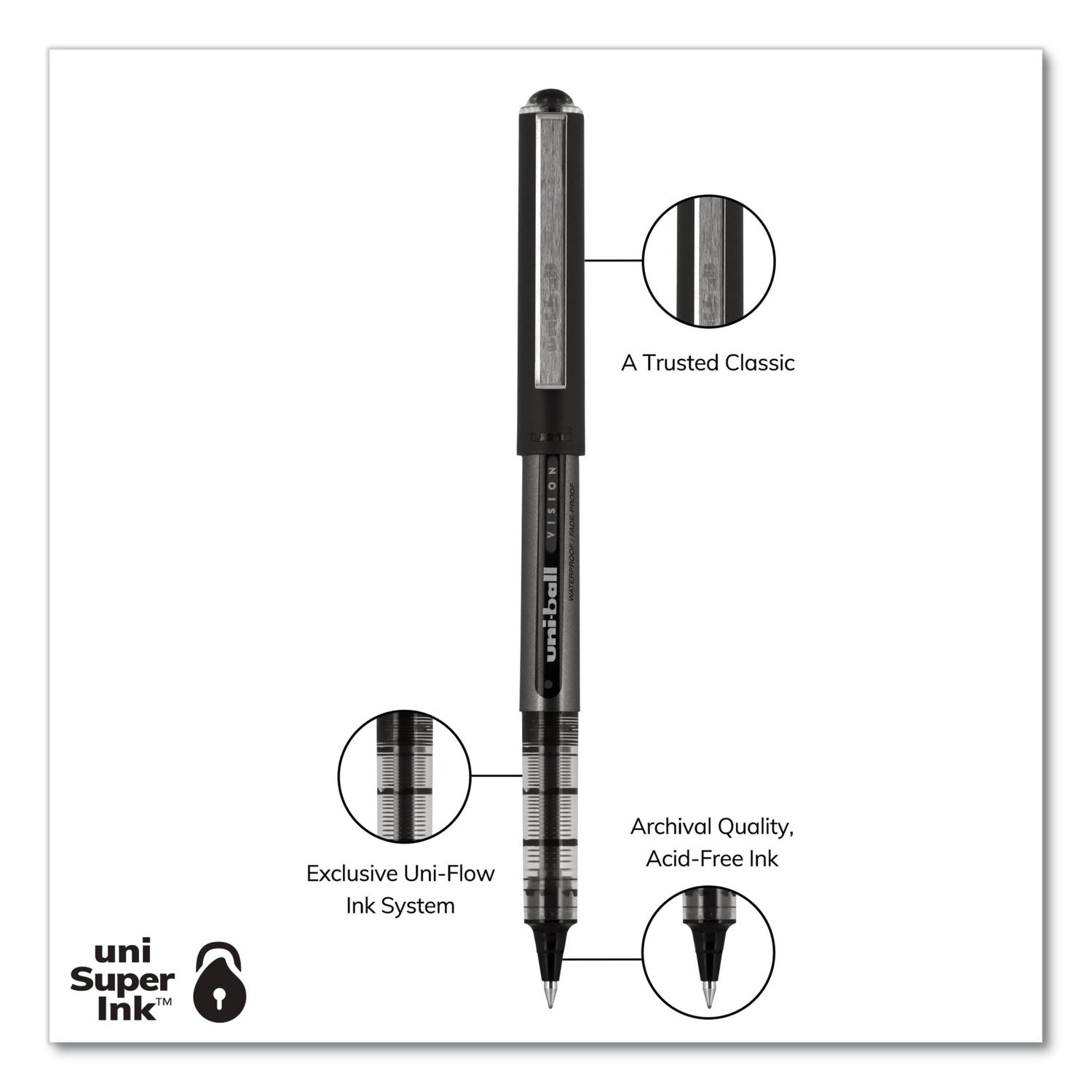 uniball VISION Roller Ball Pen, Stick, Bold 1 mm, Blue Ink, Black/Blue Barrel, Dozen