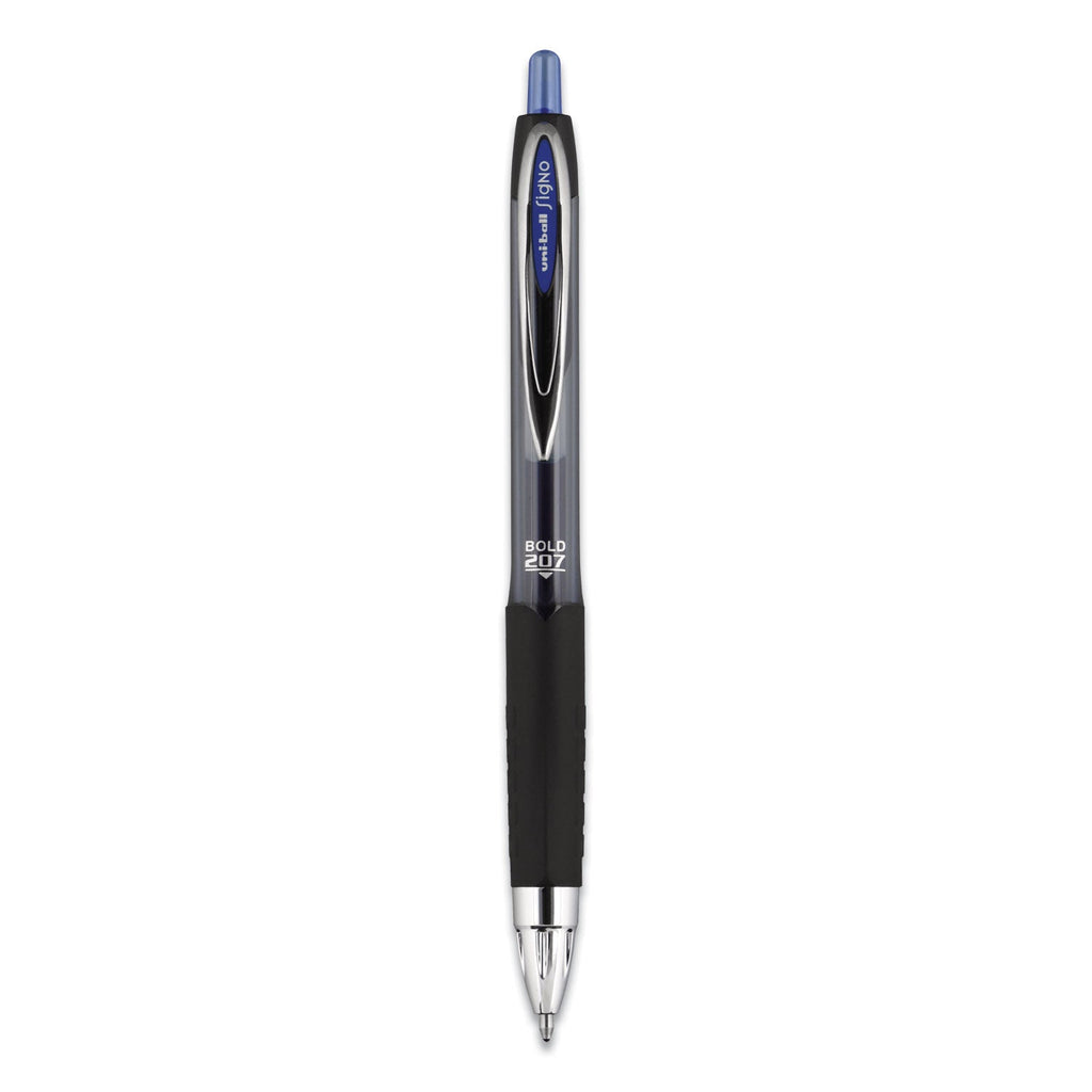 uniball Signo 207 Gel Pen, Retractable, Bold 1 mm, Blue Ink, Black/Blue Barrel, Dozen
