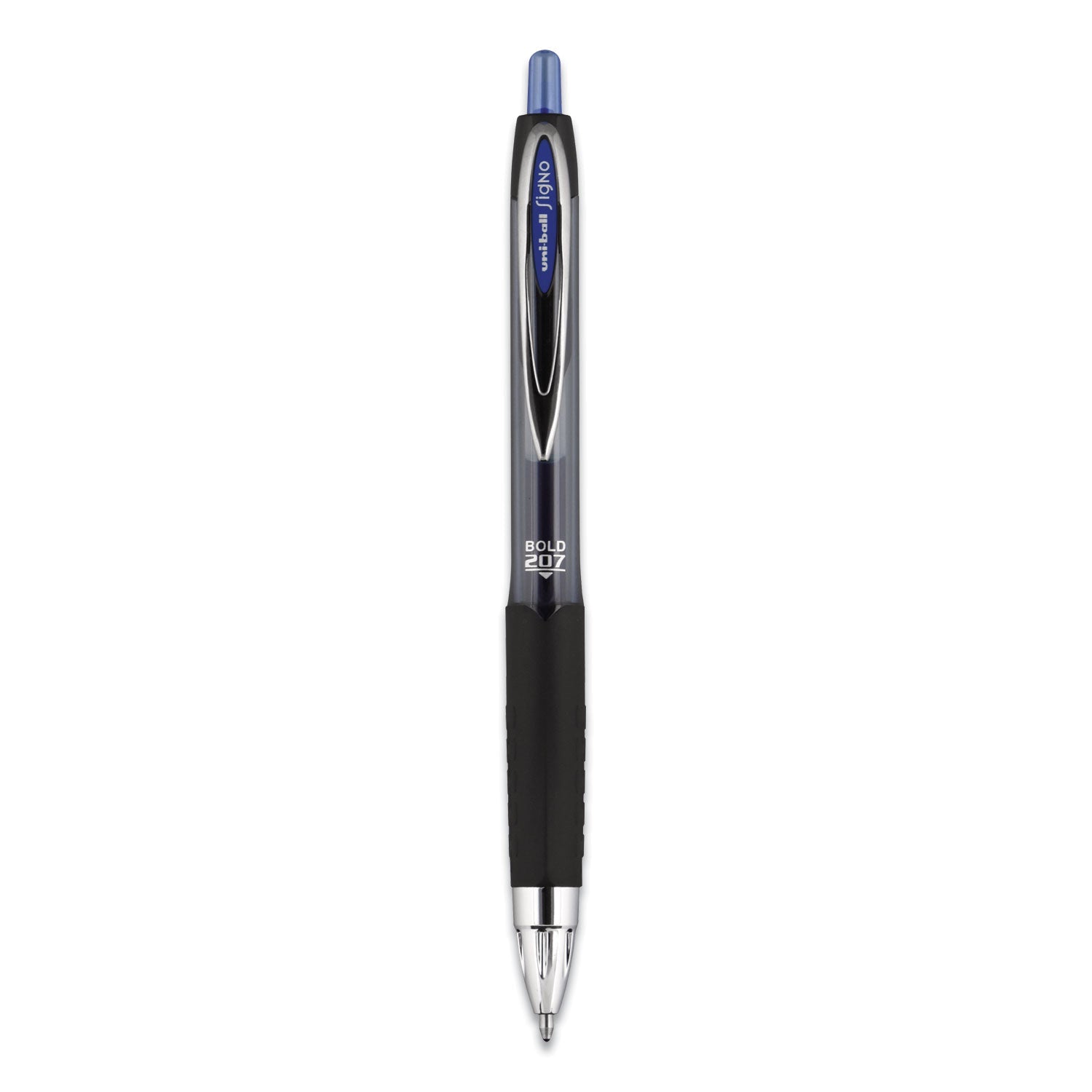 uniball Signo 207 Gel Pen, Retractable, Bold 1 mm, Blue Ink, Black/Blue Barrel, Dozen