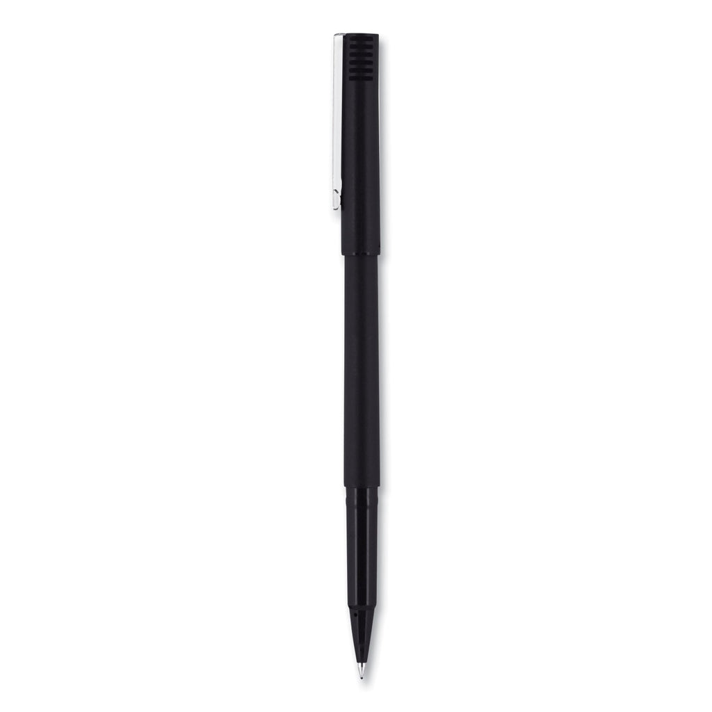uniball Roller Ball Pen, Stick, Micro 0.5 mm, Black Ink, Black Matte Barrel, Dozen