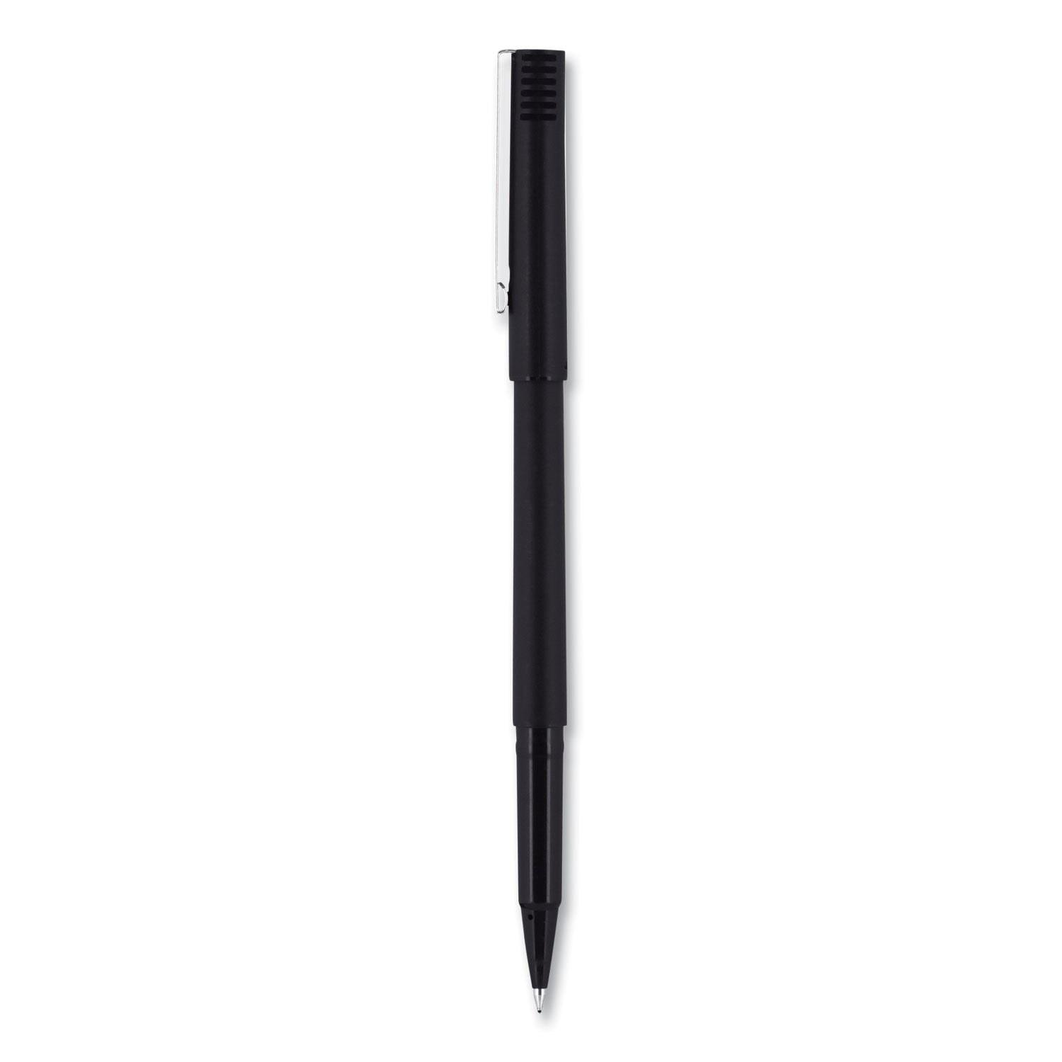 uniball Roller Ball Pen, Stick, Micro 0.5 mm, Black Ink, Black Matte Barrel, Dozen