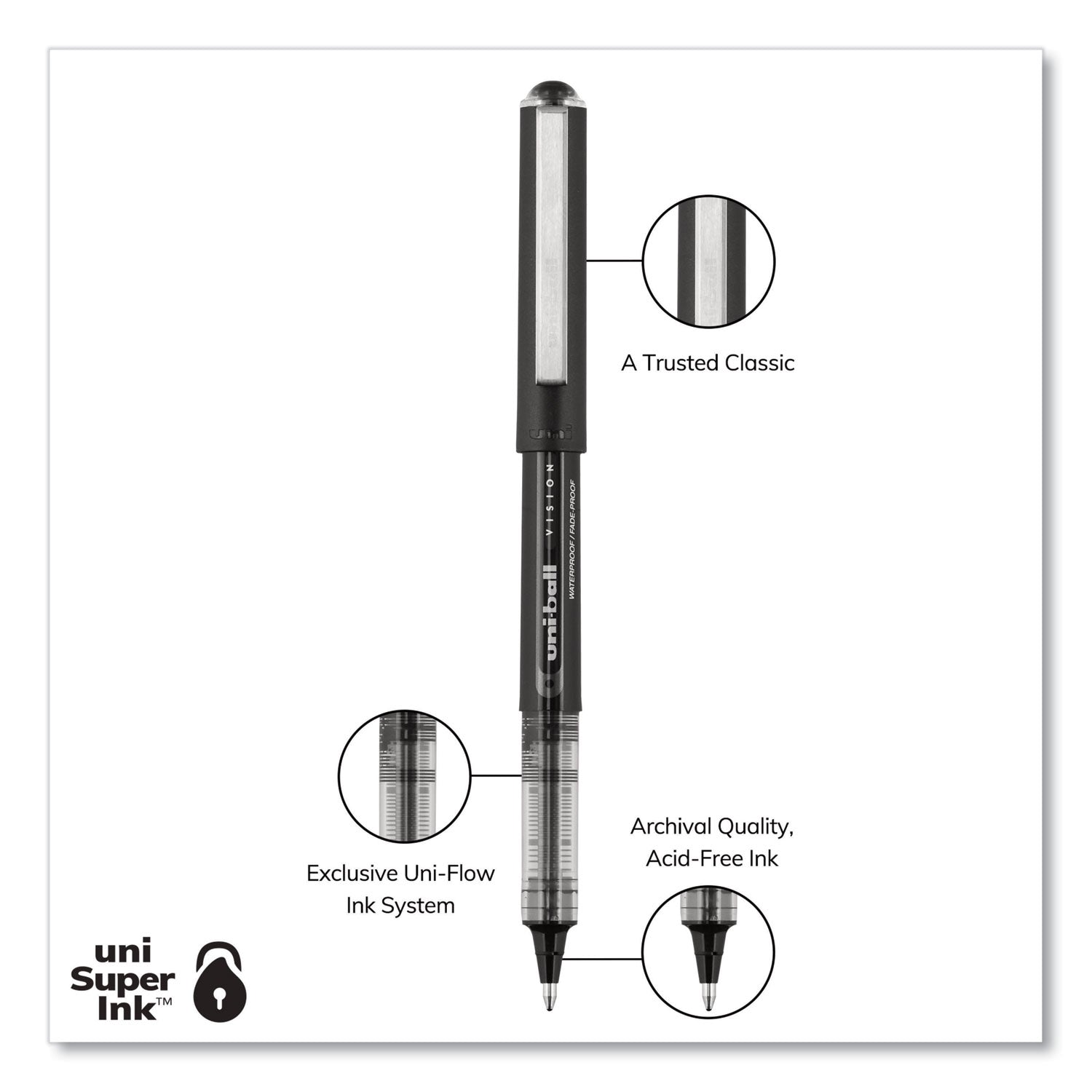 uniball VISION Roller Ball Pen, Stick, Bold 1 mm, Black Ink, Black Barrel, Dozen