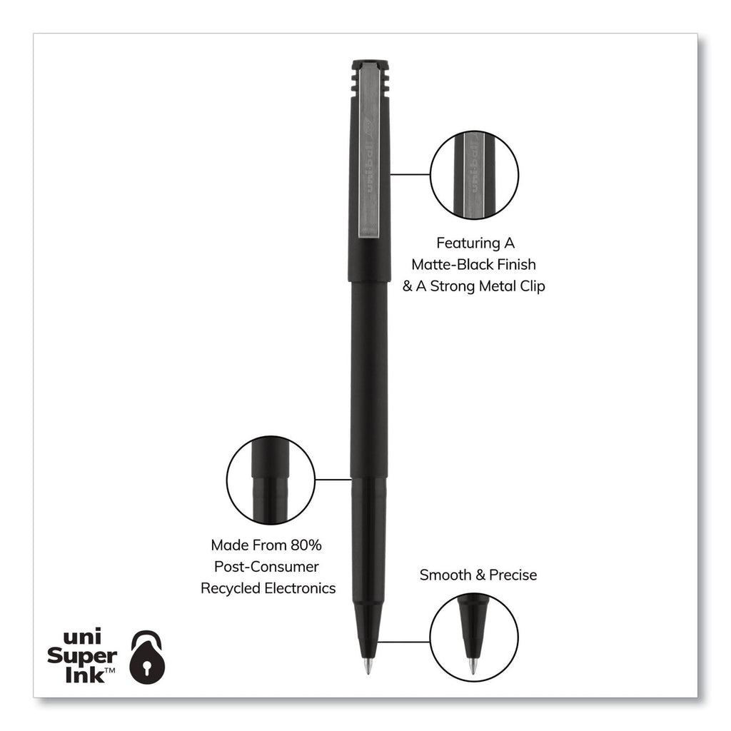 uniball Roller Ball Pen, Stick, Micro 0.5 mm, Black Ink, Black Matte Barrel, Dozen