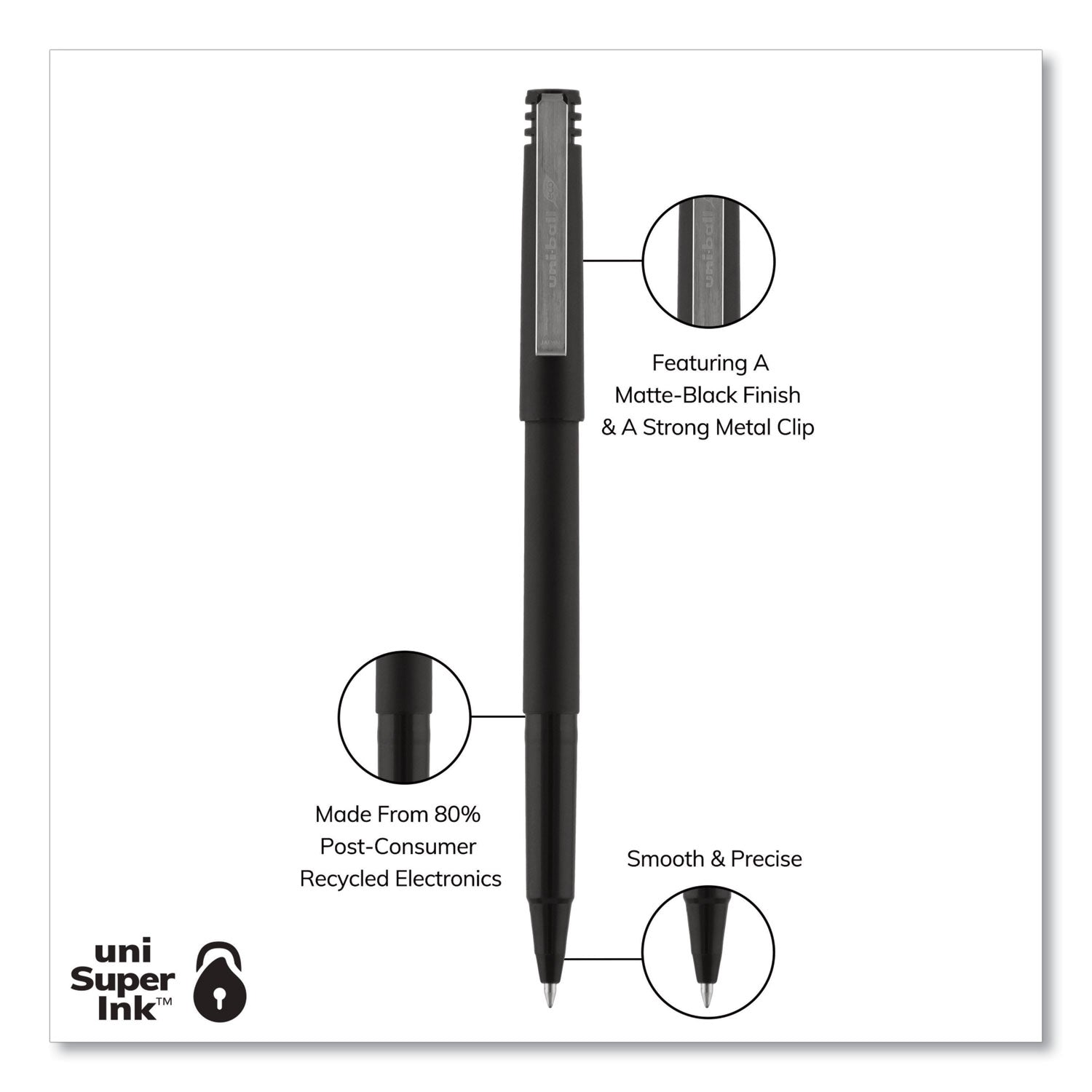 uniball Roller Ball Pen, Stick, Micro 0.5 mm, Black Ink, Black Matte Barrel, Dozen