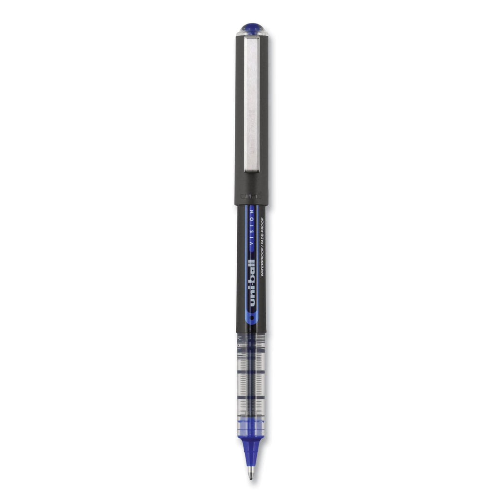 uniball VISION Roller Ball Pen, Stick, Bold 1 mm, Blue Ink, Black/Blue Barrel, Dozen