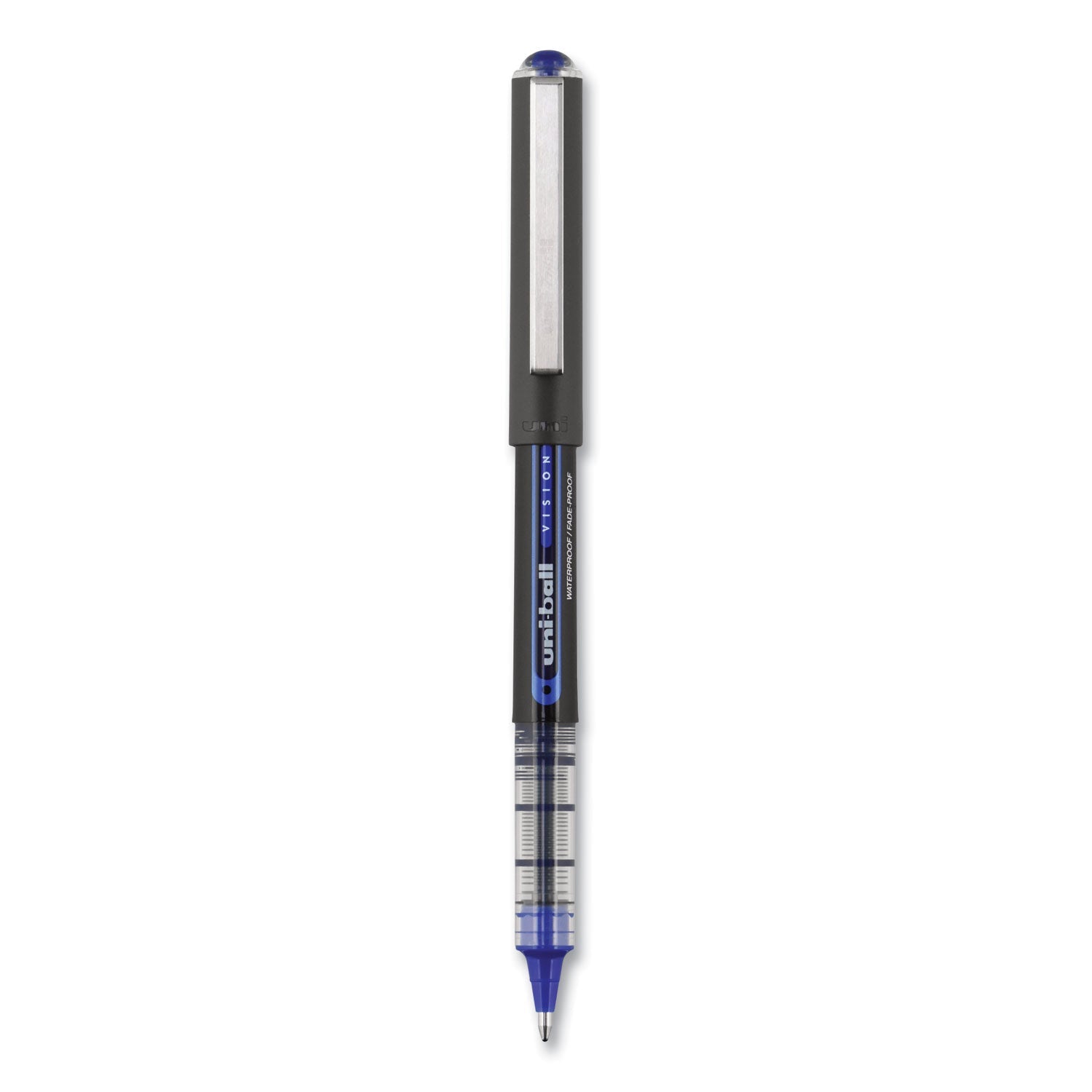 uniball VISION Roller Ball Pen, Stick, Bold 1 mm, Blue Ink, Black/Blue Barrel, Dozen