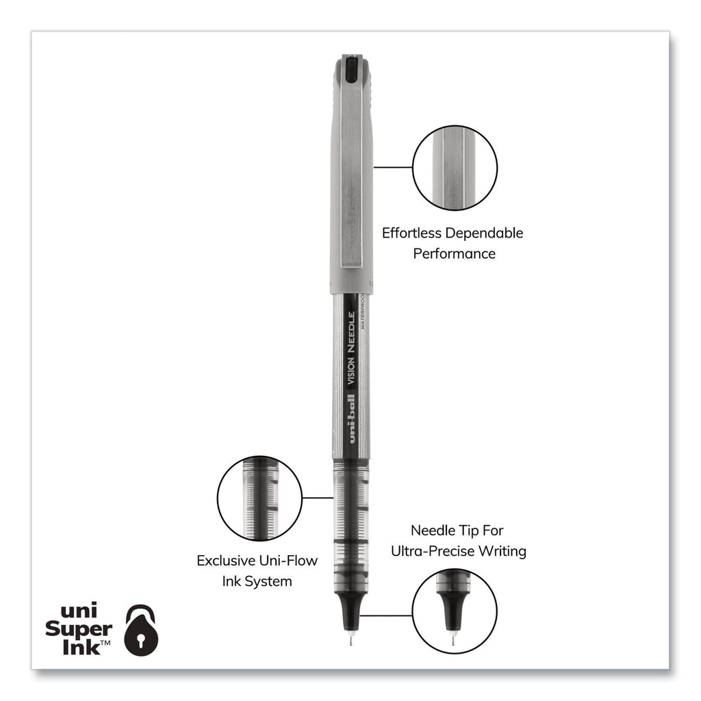 uniball VISION Needle Roller Ball Pen, Stick, Fine 0.7 mm, Assorted Ink Colors, Silver Barrel, 8/Pack