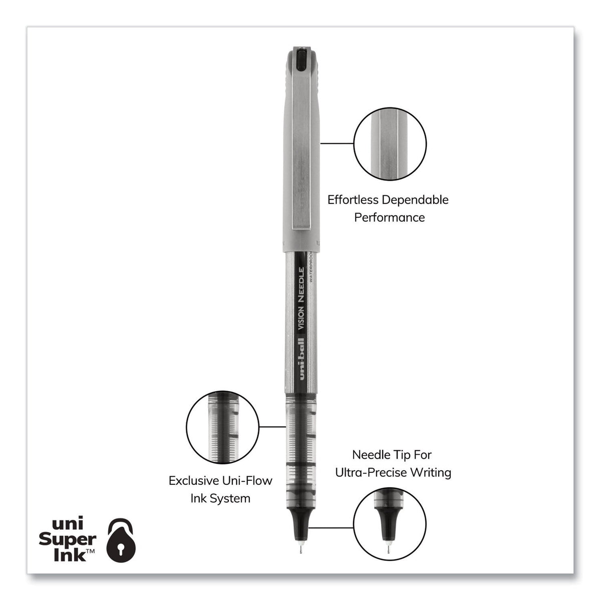 uniball VISION Needle Roller Ball Pen, Stick, Fine 0.7 mm, Assorted Ink Colors, Silver Barrel, 8/Pack