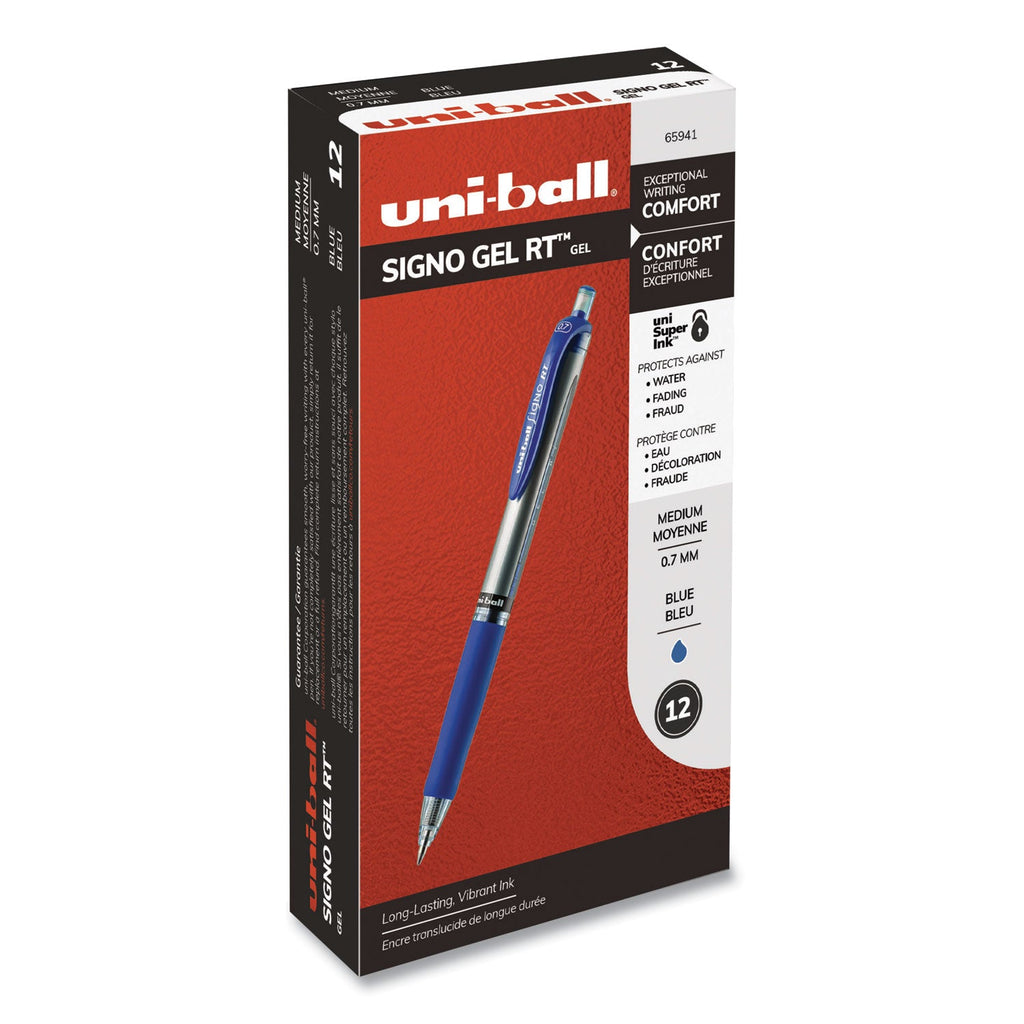 uniball Signo Gel Pen, Retractable, Medium 0.7 mm, Blue Ink, Blue/Metallic Accents Barrel, Dozen