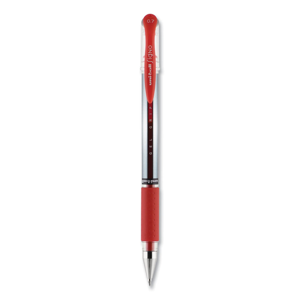 uniball Signo GRIP Gel Pen, Stick, Medium 0.7 mm, Red Ink, Silver/Red Barrel, Dozen