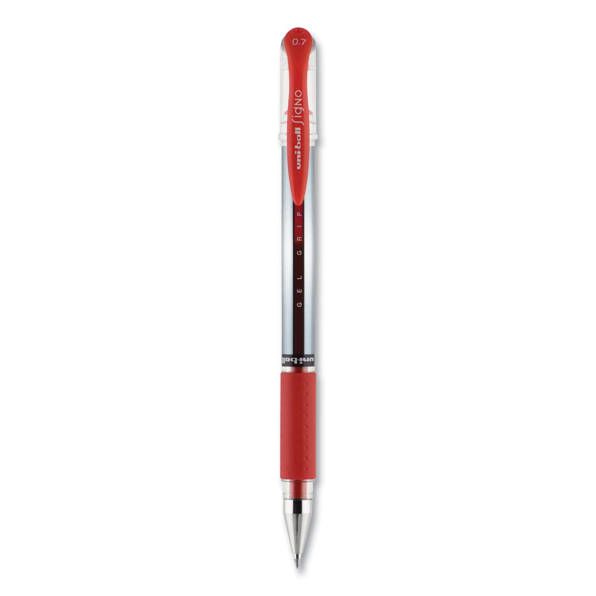 uniball Signo GRIP Gel Pen, Stick, Medium 0.7 mm, Red Ink, Silver/Red Barrel, Dozen