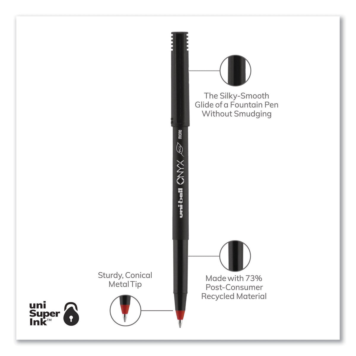 uniball ONYX Roller Ball Pen, Stick, Micro 0.5 mm, Red Ink, Black Matte Barrel, Dozen