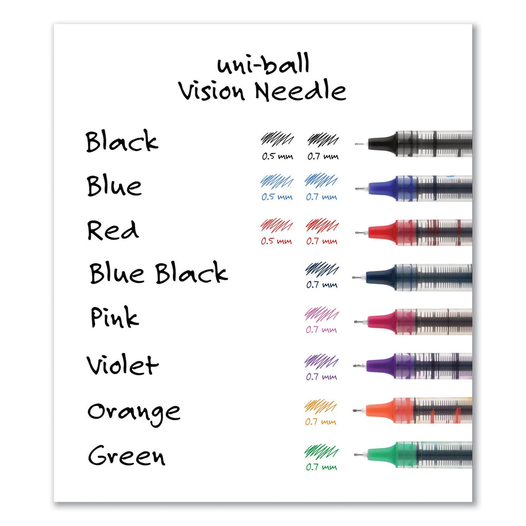 uniball VISION Needle Roller Ball Pen, Stick, Fine 0.7 mm, Assorted Ink Colors, Silver Barrel, 8/Pack