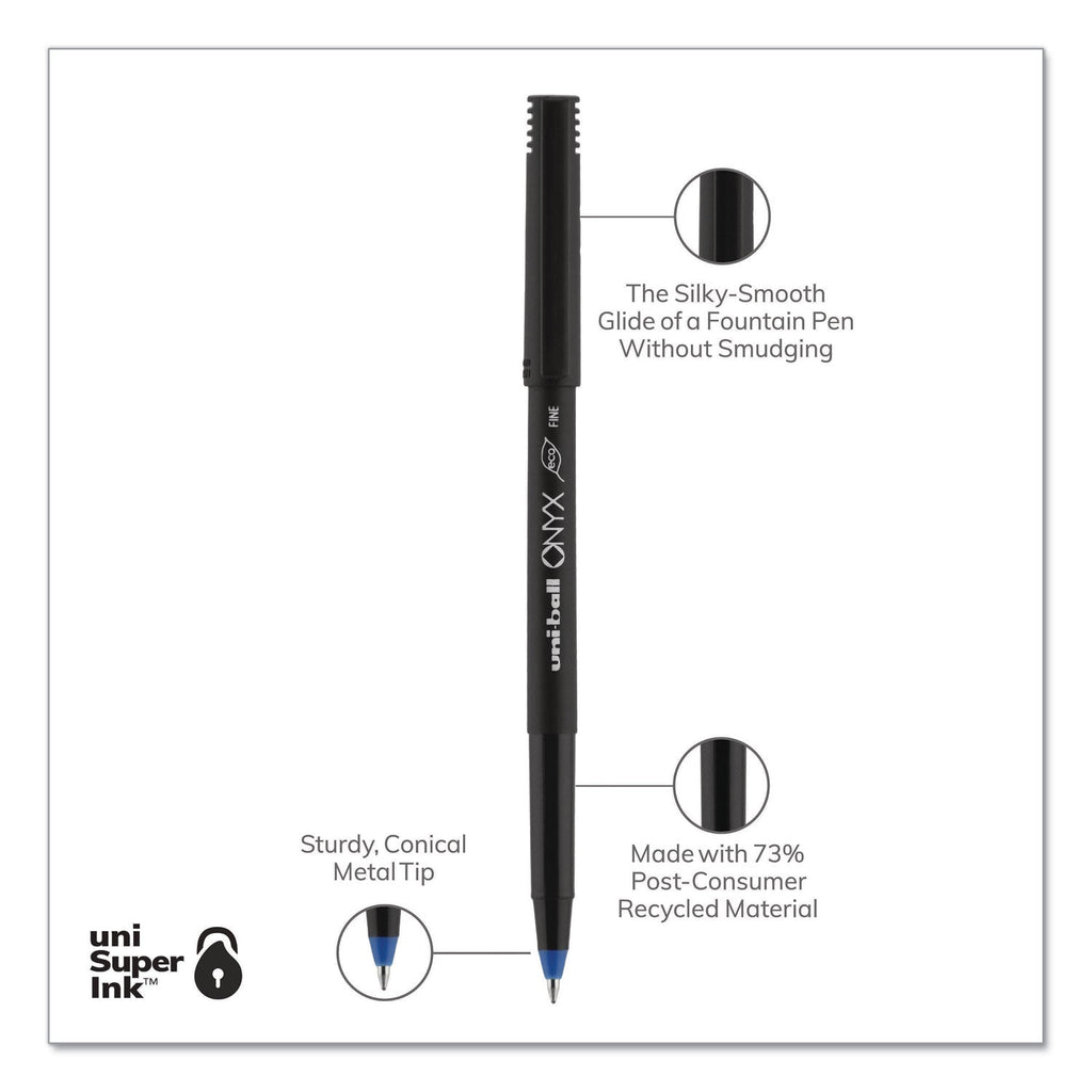 uniball ONYX Roller Ball Pen, Stick, Fine 0.7 mm, Blue Ink, Black Matte Barrel, 72/Pack