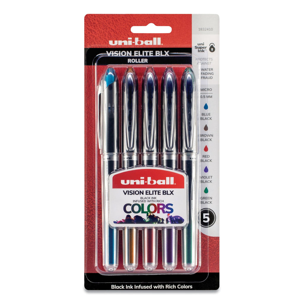 uniball VISION ELITE BLX Series Roller Ball Pen, Stick, Micro 0.5 mm, Assorted Ink and Barrel Colors, 5/Pack