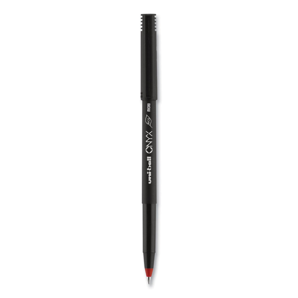 uniball ONYX Roller Ball Pen, Stick, Micro 0.5 mm, Red Ink, Black Matte Barrel, Dozen