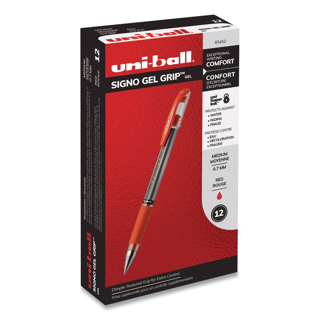 uniball Signo GRIP Gel Pen, Stick, Medium 0.7 mm, Red Ink, Silver/Red Barrel, Dozen
