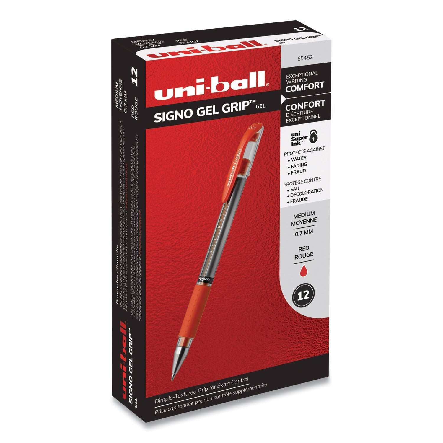 uniball Signo GRIP Gel Pen, Stick, Medium 0.7 mm, Red Ink, Silver/Red Barrel, Dozen