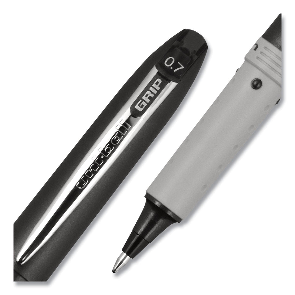 uniball Grip Roller Ball Pen, Stick, Fine 0.7 mm, Black Ink, Black Barrel, Dozen