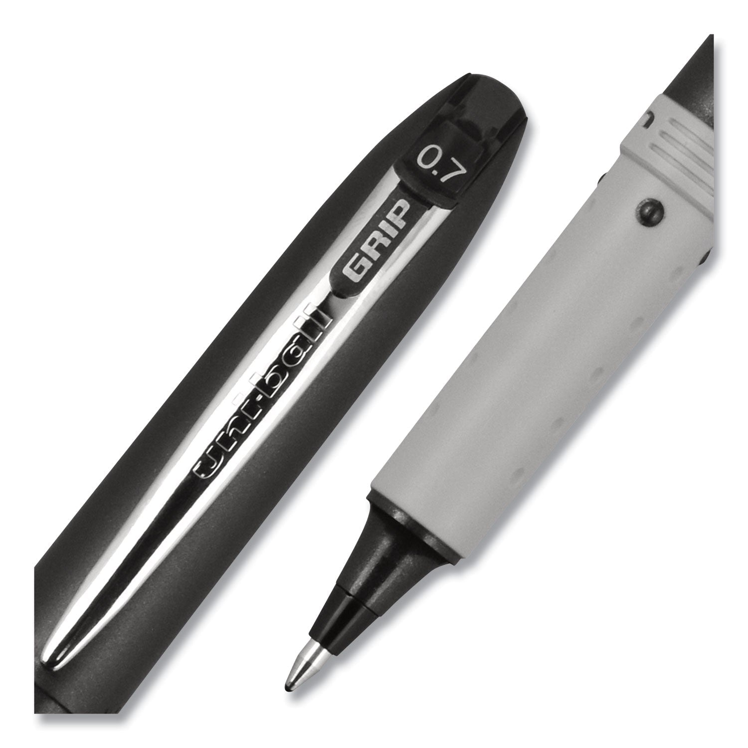 uniball Grip Roller Ball Pen, Stick, Fine 0.7 mm, Black Ink, Black Barrel, Dozen