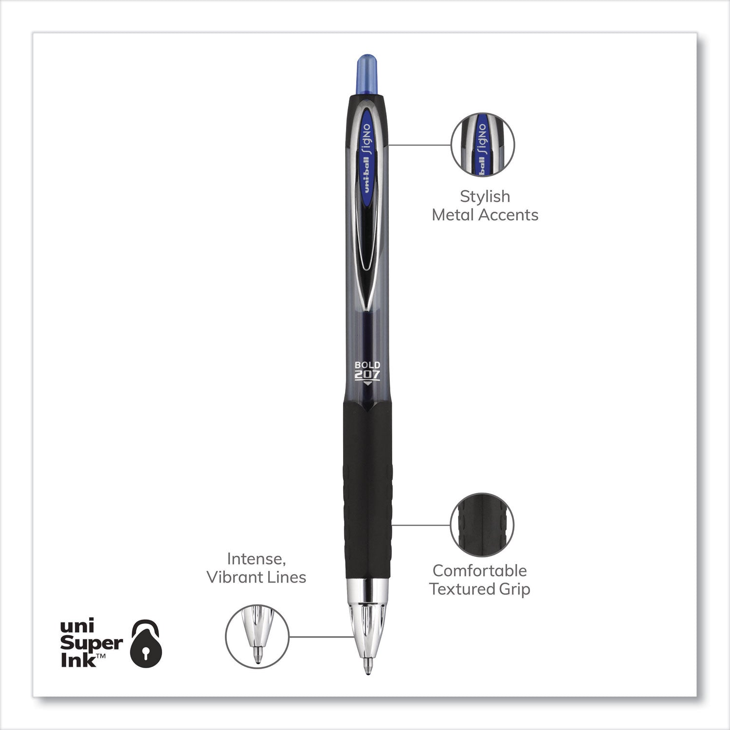 uniball Signo 207 Gel Pen, Retractable, Bold 1 mm, Blue Ink, Black/Blue Barrel, Dozen
